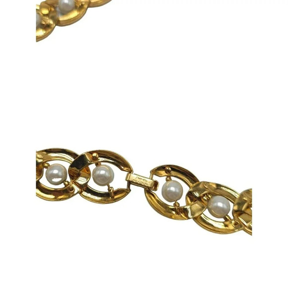 Napier Faux Pearl Chunky Chain Necklace Foldover Closure Gold Tone Vintage 16.5" - Picture 5 of 6